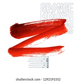 Red brush stroke and texture. Grunge vector abstract hand - painted element. Underline and border design.
