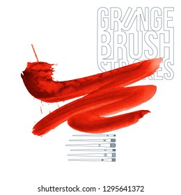 Red brush stroke and texture. Grunge vector abstract hand - painted element. Underline and border design.