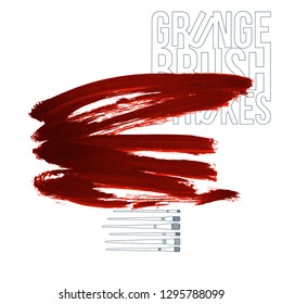 Red brush stroke and texture. Grunge vector abstract hand - painted element. Underline and border design.