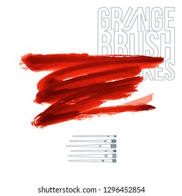 Red brush stroke and texture. Grunge vector abstract hand - painted element. Underline and border design.