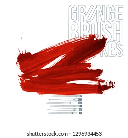 Red brush stroke and texture. Grunge vector abstract hand - painted element. Underline and border design.