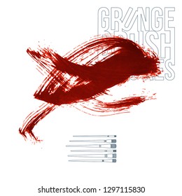 Red brush stroke and texture. Grunge vector abstract hand - painted element. Underline and border design.
