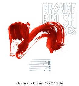 Red brush stroke and texture. Grunge vector abstract hand - painted element. Underline and border design.