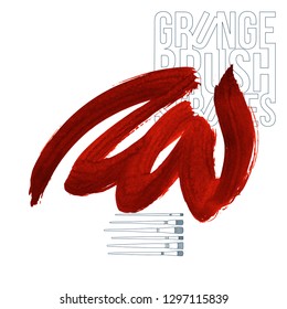 Red brush stroke and texture. Grunge vector abstract hand - painted element. Underline and border design.
