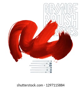 Red brush stroke and texture. Grunge vector abstract hand - painted element. Underline and border design.