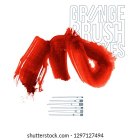 Red brush stroke and texture. Grunge vector abstract hand - painted element. Underline and border design.