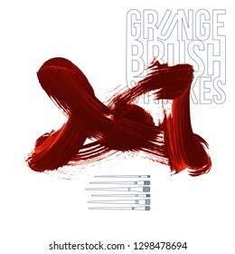 Red brush stroke and texture. Grunge vector abstract hand - painted element. Underline and border design.