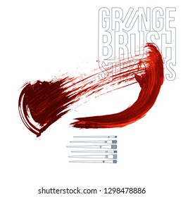 Red brush stroke and texture. Grunge vector abstract hand - painted element. Underline and border design.