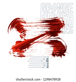 Red brush stroke and texture. Grunge vector abstract hand - painted element. Underline and border design.