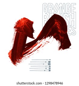 Red brush stroke and texture. Grunge vector abstract hand - painted element. Underline and border design.