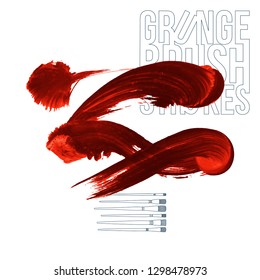 Red brush stroke and texture. Grunge vector abstract hand - painted element. Underline and border design.
