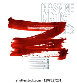 Red brush stroke and texture. Grunge vector abstract hand - painted element. Underline and border design.