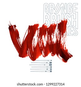 Red brush stroke and texture. Grunge vector abstract hand - painted element. Underline and border design.