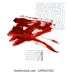 Red brush stroke and texture. Grunge vector abstract hand - painted element. Underline and border design.