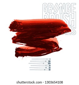 Red brush stroke and texture. Grunge vector abstract hand - painted element. Underline and border design.