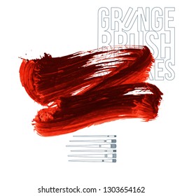 Red brush stroke and texture. Grunge vector abstract hand - painted element. Underline and border design.