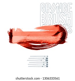 Red brush stroke and texture. Grunge vector abstract hand - painted element. Underline and border design.