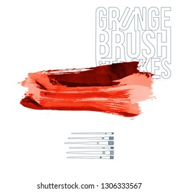 Red brush stroke and texture. Grunge vector abstract hand - painted element. Underline and border design.
