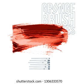 Red brush stroke and texture. Grunge vector abstract hand - painted element. Underline and border design.