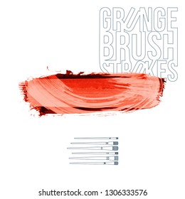 Red brush stroke and texture. Grunge vector abstract hand - painted element. Underline and border design.