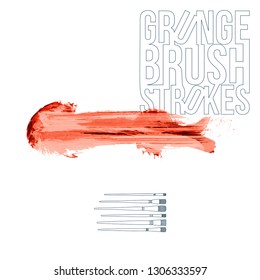 Red brush stroke and texture. Grunge vector abstract hand - painted element. Underline and border design.