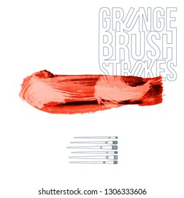 Red brush stroke and texture. Grunge vector abstract hand - painted element. Underline and border design.