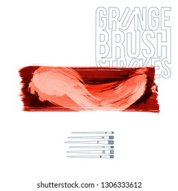 Red brush stroke and texture. Grunge vector abstract hand - painted element. Underline and border design.