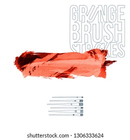 Red brush stroke and texture. Grunge vector abstract hand - painted element. Underline and border design.