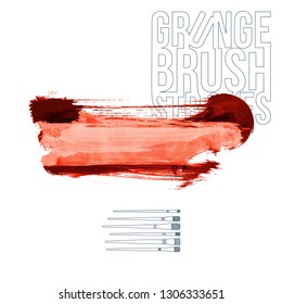 Red brush stroke and texture. Grunge vector abstract hand - painted element. Underline and border design.