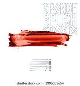 Red brush stroke and texture. Grunge vector abstract hand - painted element. Underline and border design.