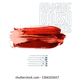 Red brush stroke and texture. Grunge vector abstract hand - painted element. Underline and border design.
