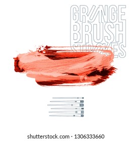 Red brush stroke and texture. Grunge vector abstract hand - painted element. Underline and border design.