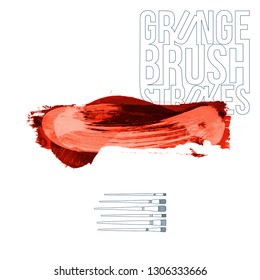 Red brush stroke and texture. Grunge vector abstract hand - painted element. Underline and border design.