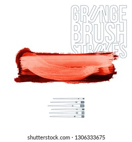 Red brush stroke and texture. Grunge vector abstract hand - painted element. Underline and border design.