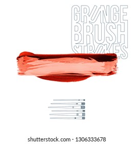 Red brush stroke and texture. Grunge vector abstract hand - painted element. Underline and border design.