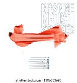 Red brush stroke and texture. Grunge vector abstract hand - painted element. Underline and border design.