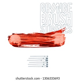 Red brush stroke and texture. Grunge vector abstract hand - painted element. Underline and border design.