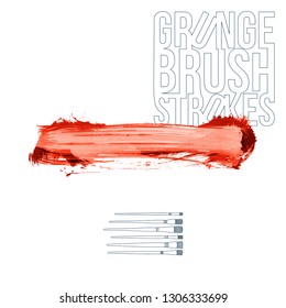 Red brush stroke and texture. Grunge vector abstract hand - painted element. Underline and border design.