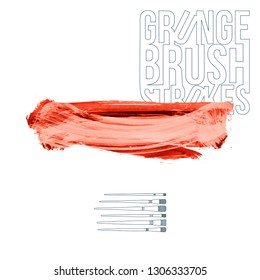 Red brush stroke and texture. Grunge vector abstract hand - painted element. Underline and border design.
