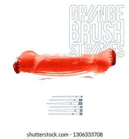 Red brush stroke and texture. Grunge vector abstract hand - painted element. Underline and border design.