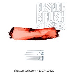 Red brush stroke and texture. Grunge vector abstract hand - painted element. Underline and border design.