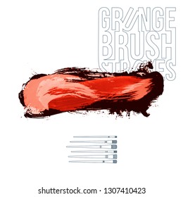 Red brush stroke and texture. Grunge vector abstract hand - painted element. Underline and border design.