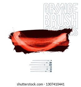 Red brush stroke and texture. Grunge vector abstract hand - painted element. Underline and border design.
