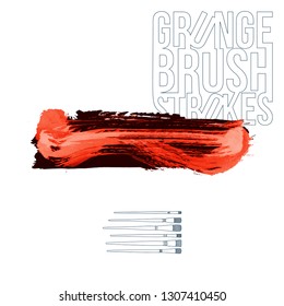 Red brush stroke and texture. Grunge vector abstract hand - painted element. Underline and border design.