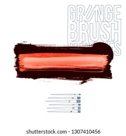 Red brush stroke and texture. Grunge vector abstract hand - painted element. Underline and border design.