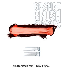 Red brush stroke and texture. Grunge vector abstract hand - painted element. Underline and border design.