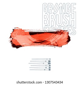 Red brush stroke and texture. Grunge vector abstract hand - painted element. Underline and border design.