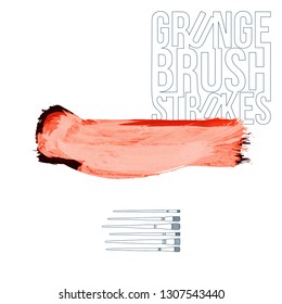 Red brush stroke and texture. Grunge vector abstract hand - painted element. Underline and border design.