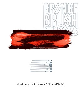 Red brush stroke and texture. Grunge vector abstract hand - painted element. Underline and border design.