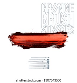 Red brush stroke and texture. Grunge vector abstract hand - painted element. Underline and border design.